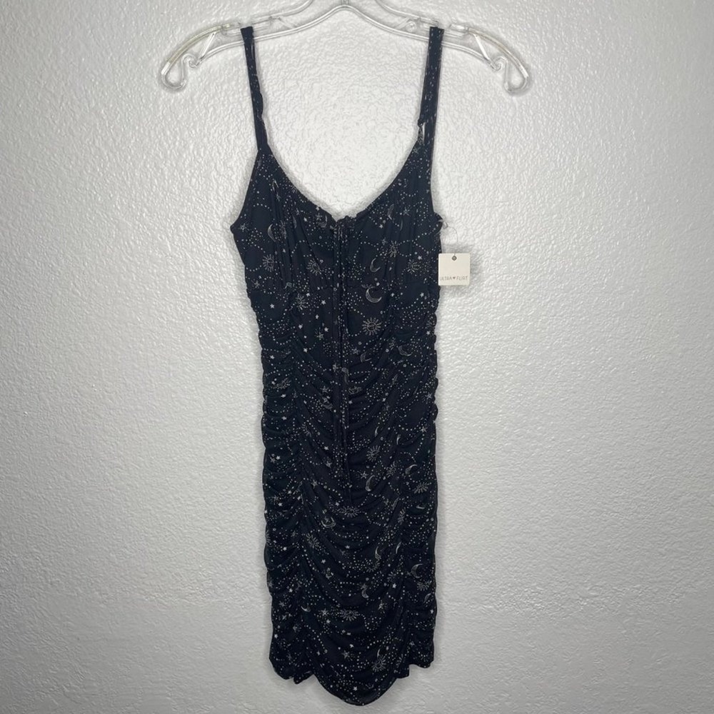 Ultra Flirt Celestial Sun Moon Star Ruched Mesh Mini Dress Black Large RK522284